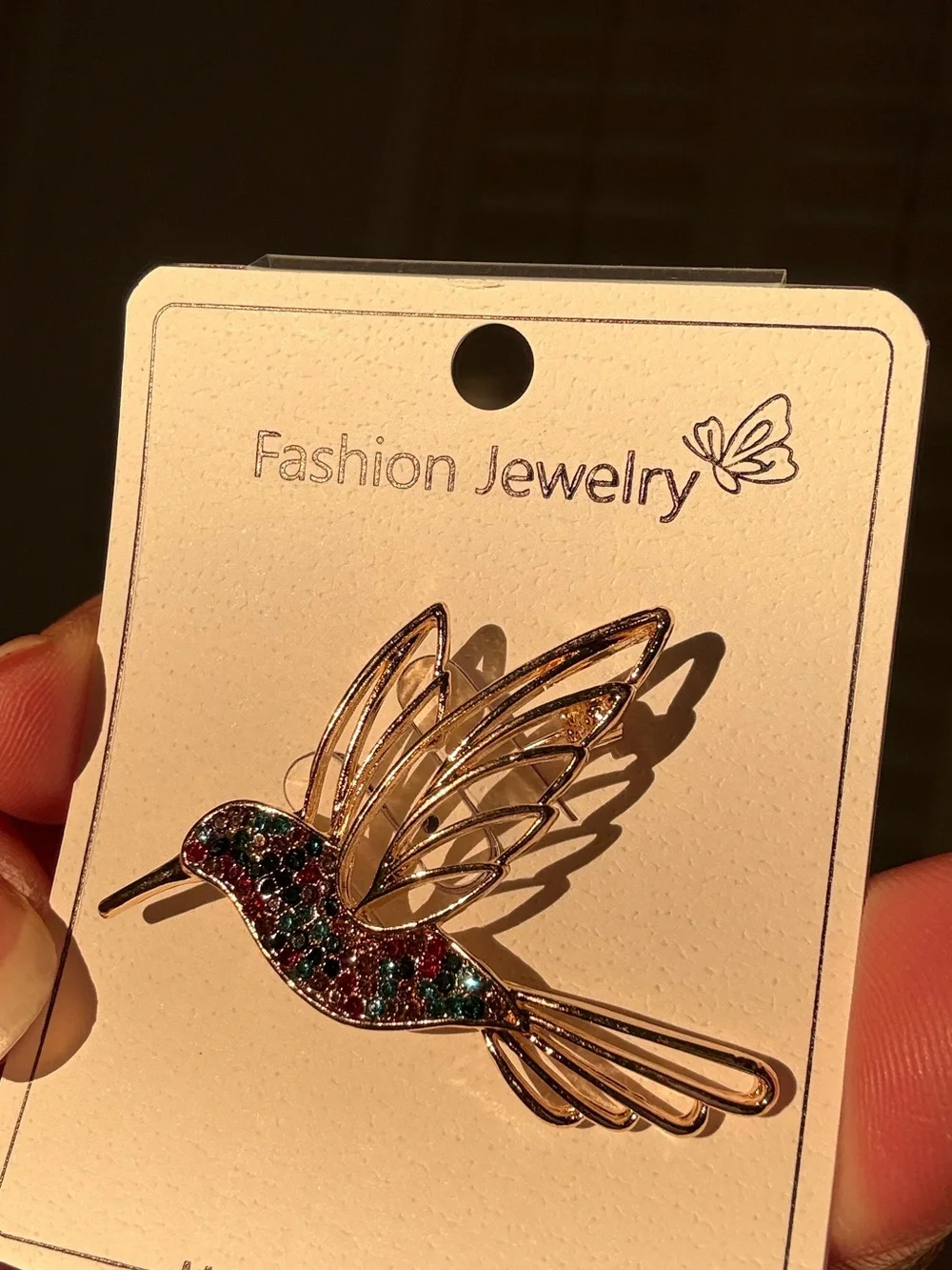 Fashion Jewelry Gold Hummingbird Pin with Multicolor Gems Brooch